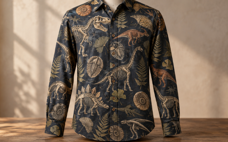 Retro Fossils And Dinosaurs Long Sleeve Button Up Shirt