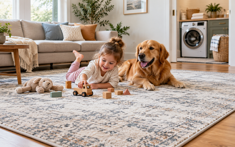 Tumble Machine Washable Area Rug Kid & Pet Friendly