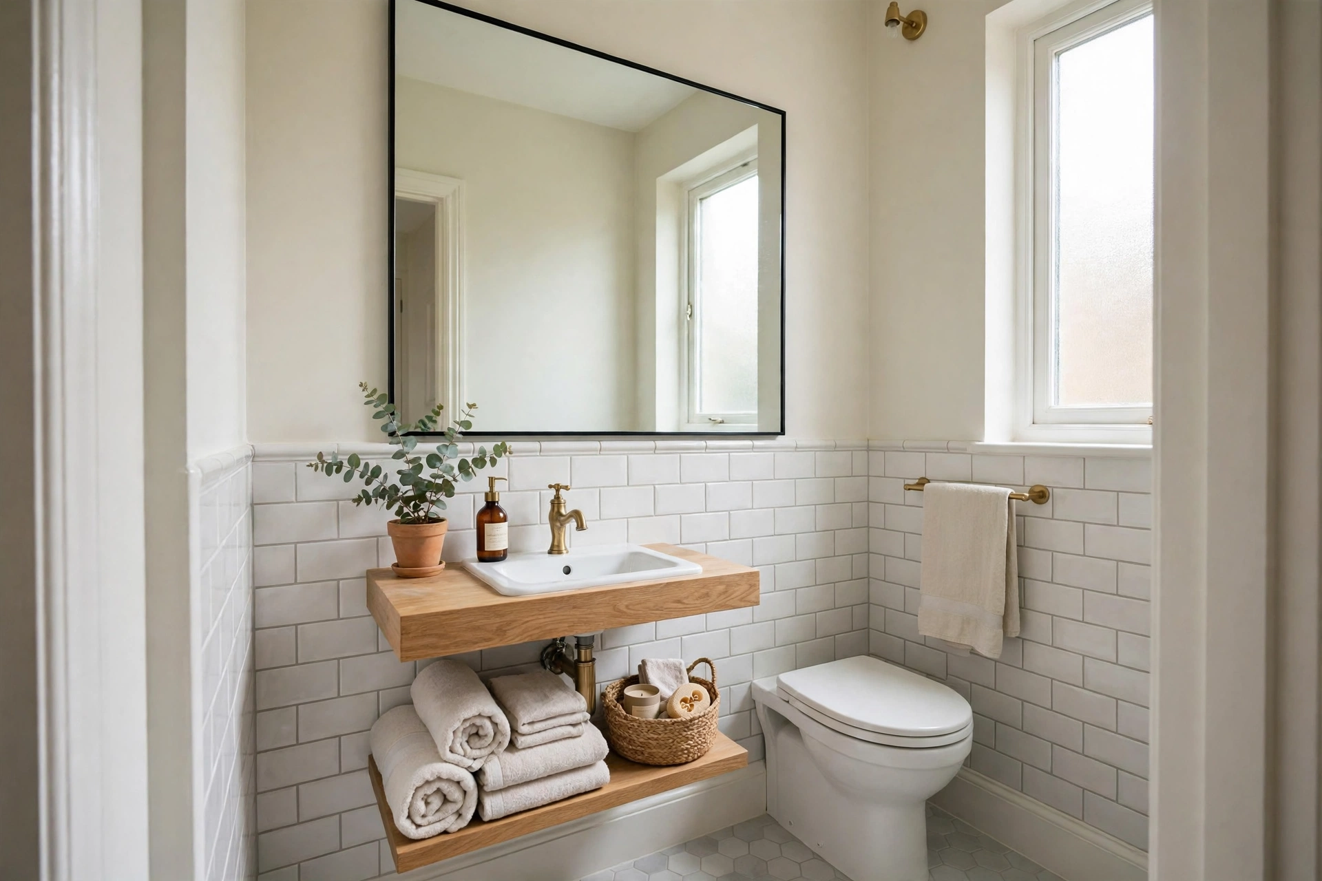 Small bright bathroom with a large mirror, pale tiles and tidy storage that make a tiny room feel calm and spacious