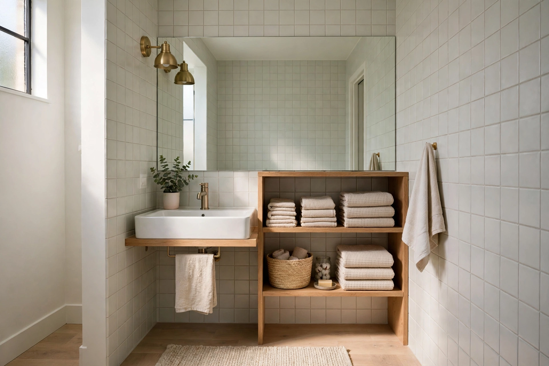 Small bright bathroom with a large mirror, pale tiles, and tidy storage that make a tiny room feel calm and spacious.