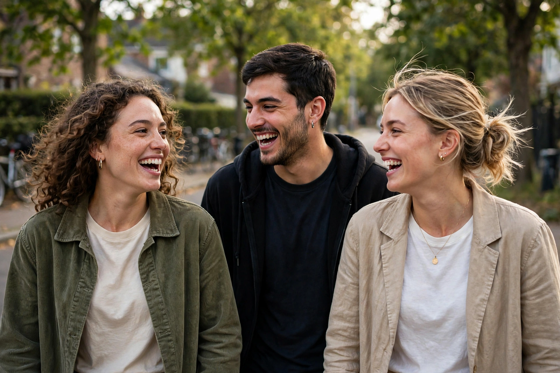 Friends laughing together on an unplanned walk outdoors in natural light