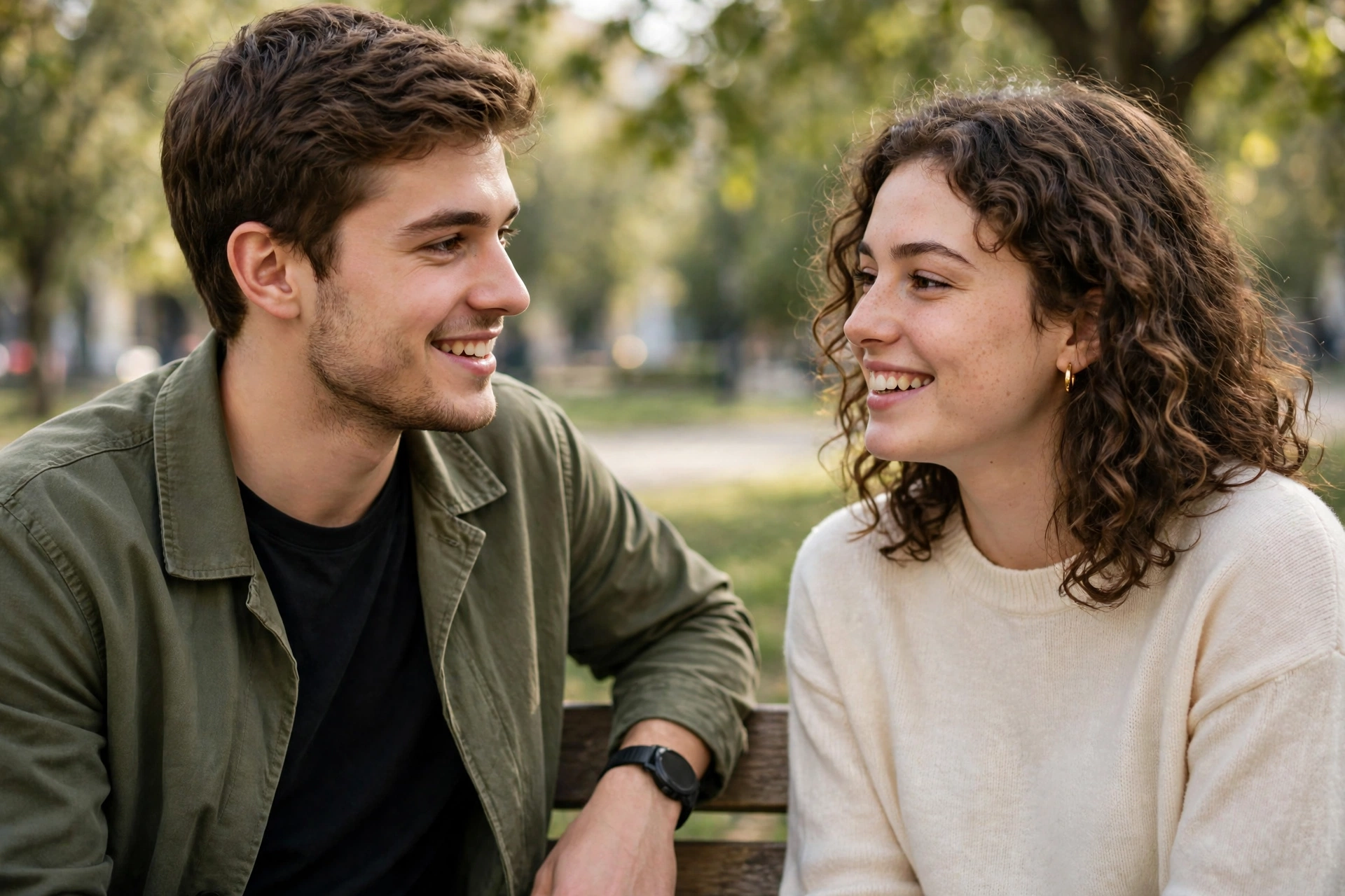 Two young adults talking supportively outdoors in natural light, relaxed and hopeful.