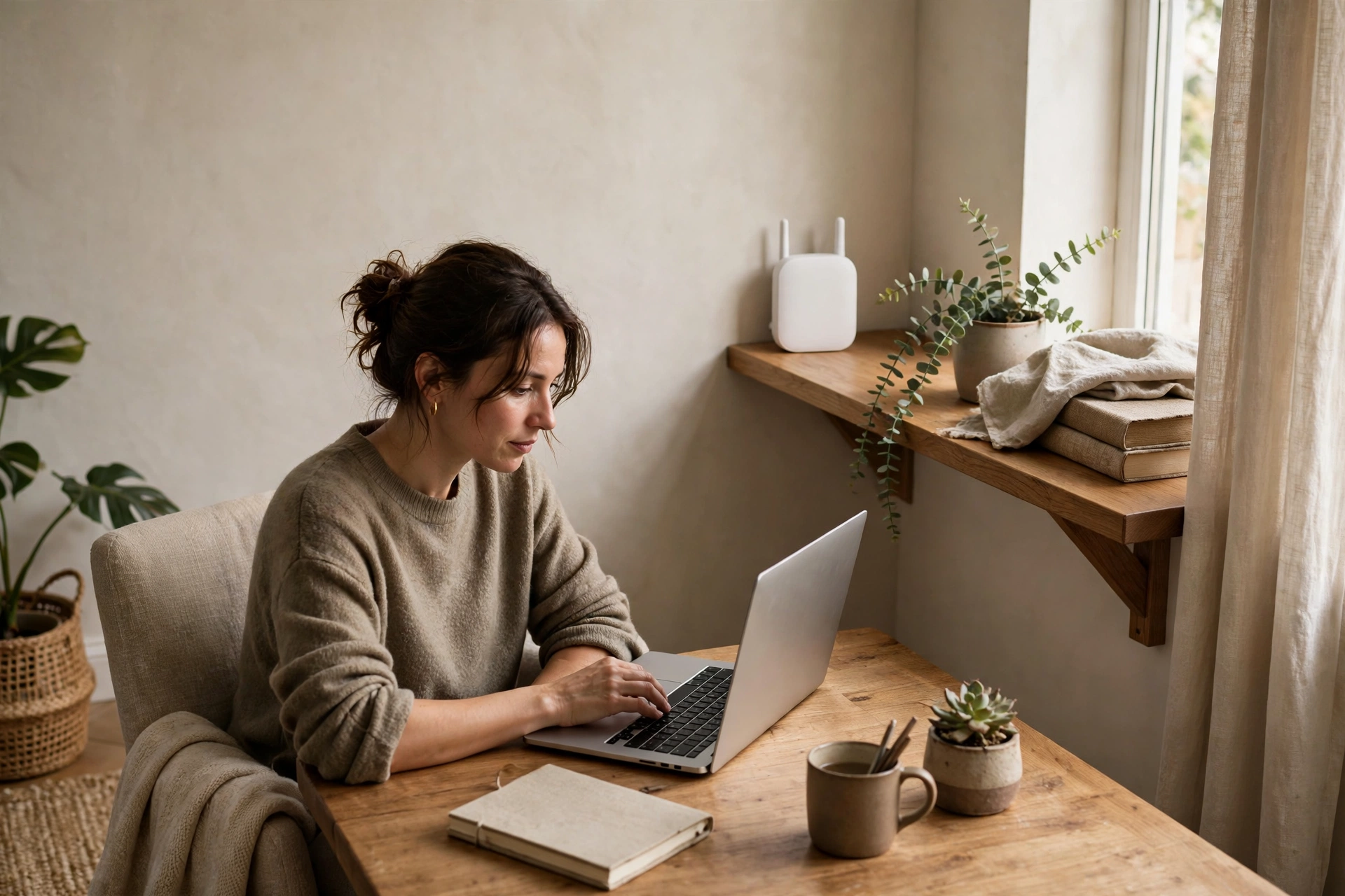Small plain Wi-Fi extender device on a shelf in a cozy living room corner with a woman using a laptop.