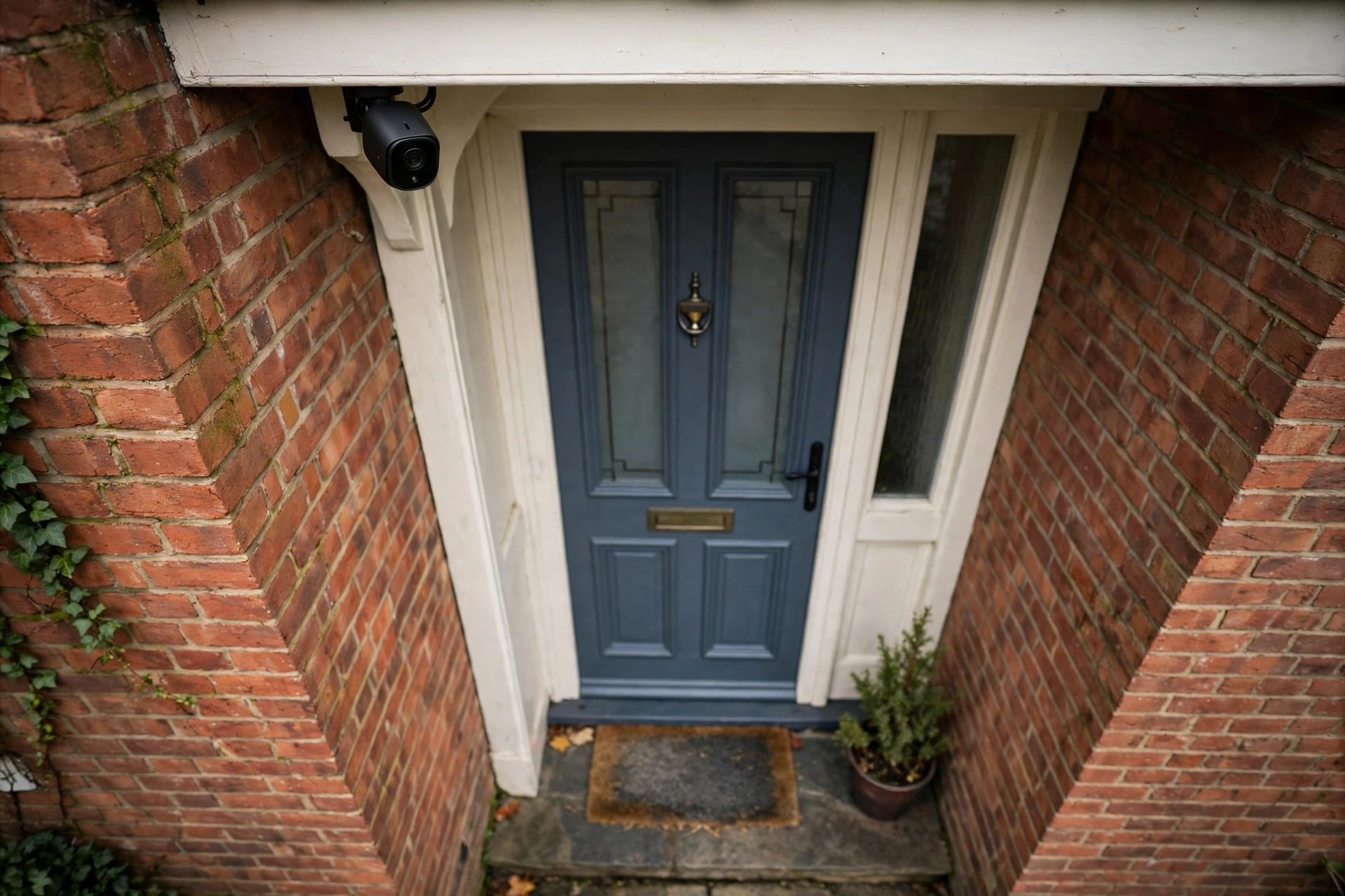 Discreet security camera mounted above a front door, looking down at the doorstep
