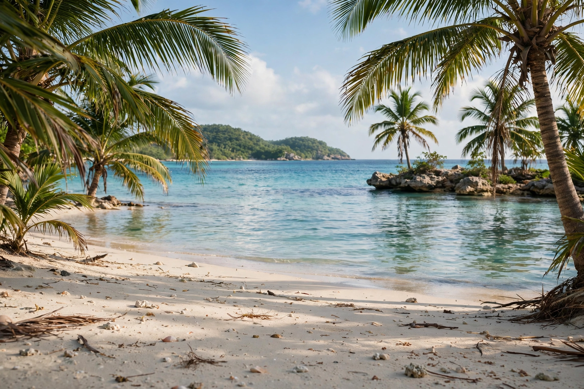 Turquoise Caribbean sea, pale sand and palm trees in warm natural light