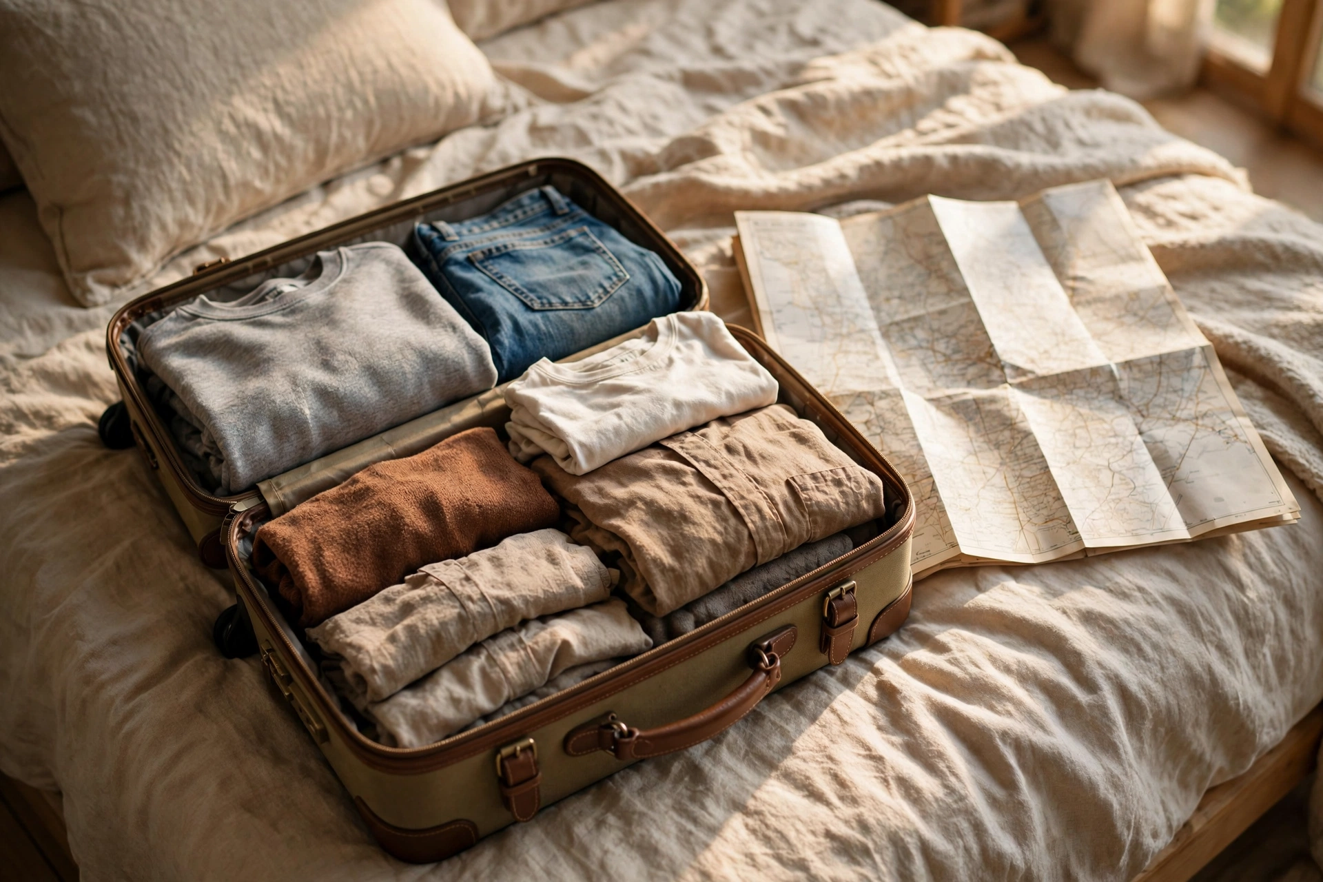 Open suitcase packed with folded clothes and a paper map on a bed in warm light.