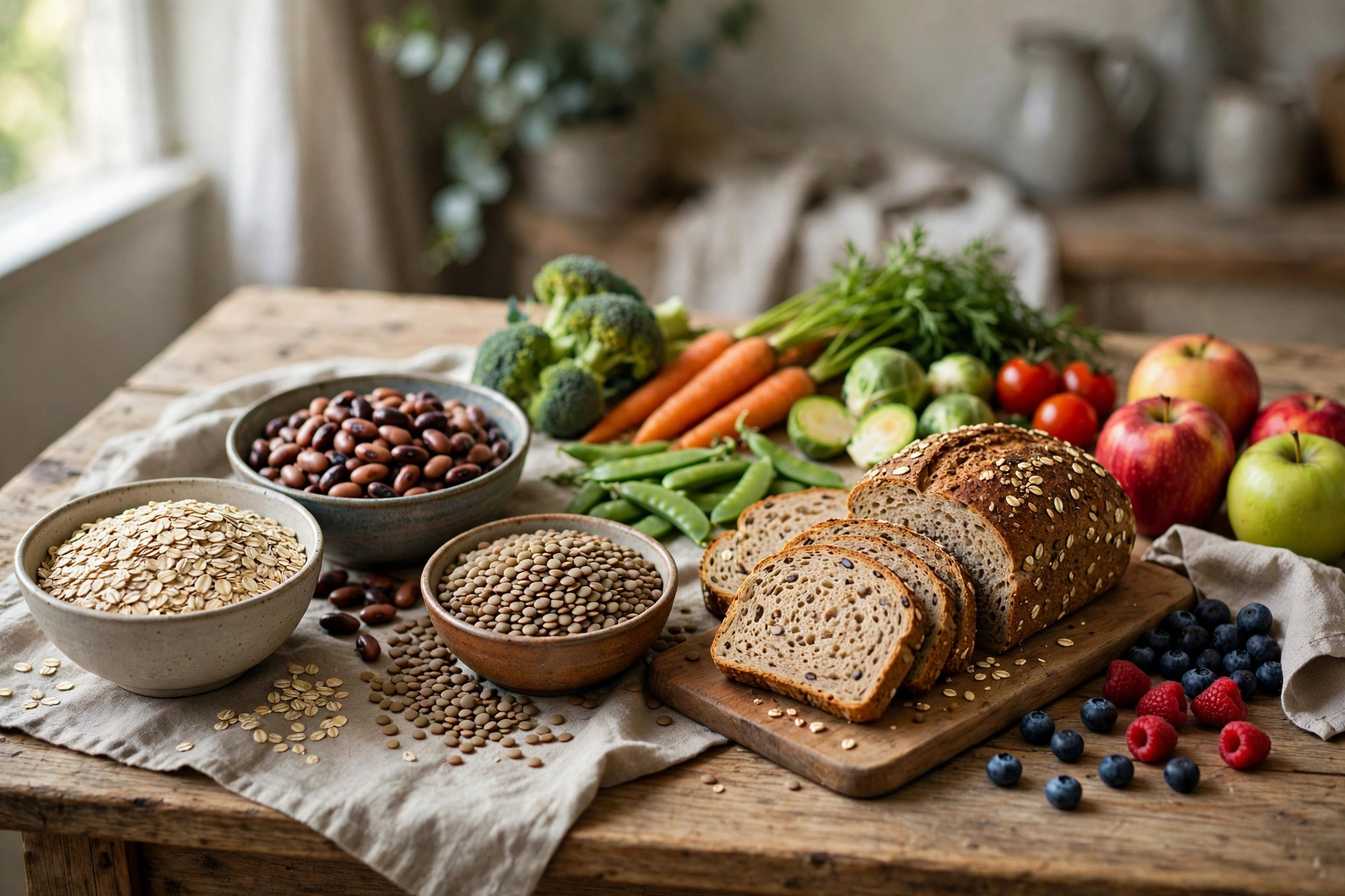 Fiber-rich foods on a kitchen table: oats, beans, lentils, vegetables, whole-grain bread, and fruit.