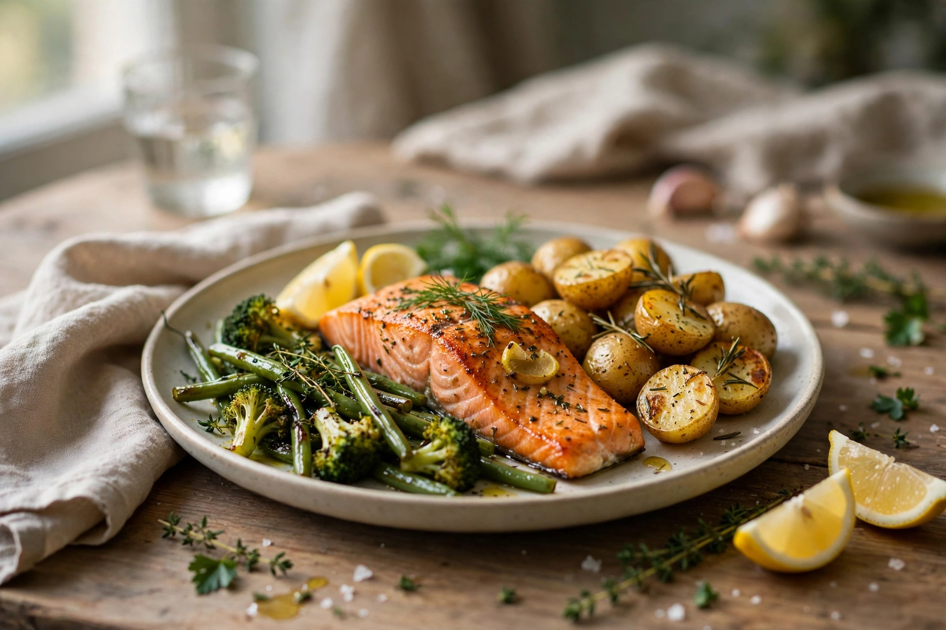 Balanced weeknight dinner with vegetables, a starchy food and a protein dish on a table