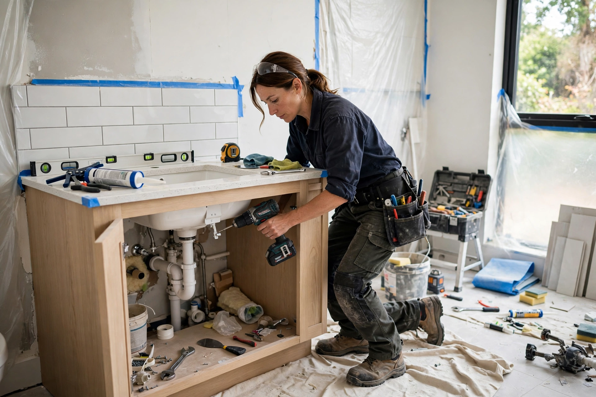 Bathroom fitter installing a bathroom sink